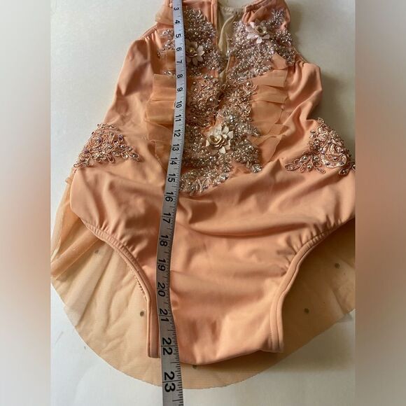 Glamour solo custom dance costume lyrical peach rhinestone mesh dress CXL adu XS - Picture 8 of 10